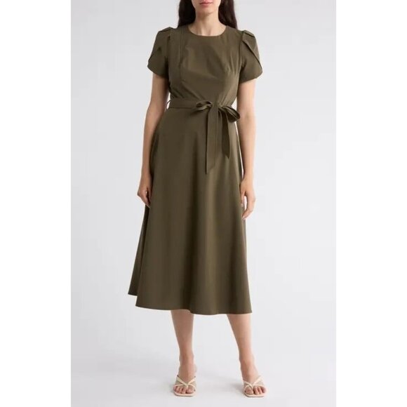 Calvin Klein Womens Sizie 2 Olive Green Midi Dress Tie Waist Tulip Sleeve NEW - Picture 1 of 2